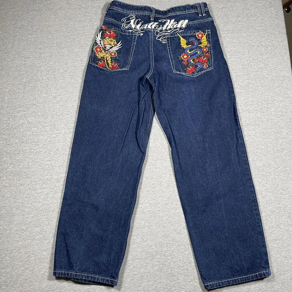 NINTH IDLE HALL Jeans Mens 31x29 Blue Straight Relaxed Embroidered Mid Rise